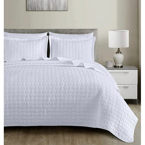 Chezmoi Collection Vert 3-Piece 100% Cotton Quilt Set King Size, White, Modern Basketweave Stitched Quilt Lightweight Washed Cotton Bedspread for All Season