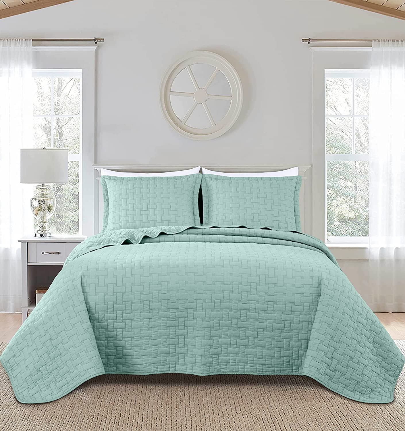 Chezmoi Collection Vert 3-Piece 100% Cotton Quilt Set Queen Size, Aqua, Modern Basketweave Stitched Quilt Lightweight Washed Cotton Bedspread for All Season