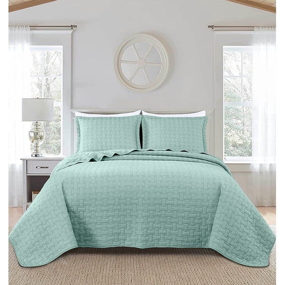 Chezmoi Collection Vert 3-Piece 100% Cotton Quilt Set Queen Size, Aqua, Modern Basketweave Stitched Quilt Lightweight Washed Cotton Bedspread for All Season