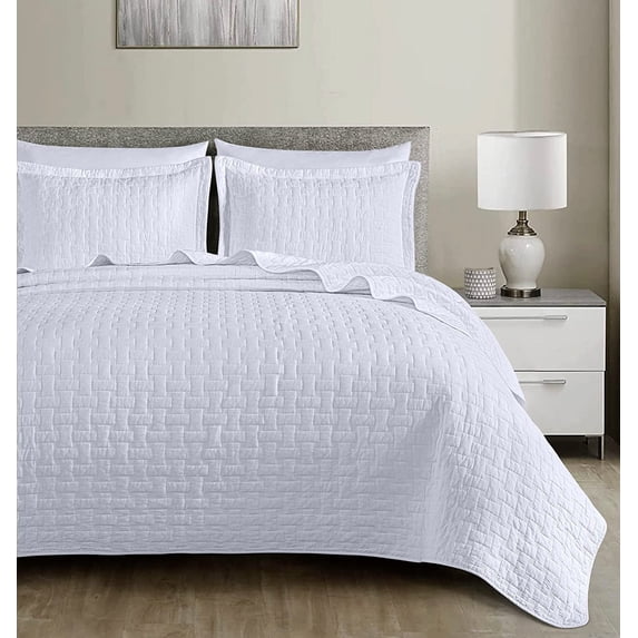 Chezmoi Collection Vert 3-Piece 100% Cotton Quilt Set Queen Size, White, Modern Basketweave Stitched Quilt Lightweight Washed Cotton Bedspread for All Season