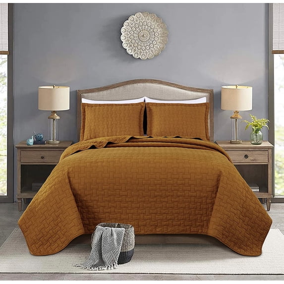 Chezmoi Collection Vert 3-Piece 100% Cotton Quilt Set Twin Size, Spice, Modern Basketweave Stitched Quilt Lightweight Washed Cotton Bedspread for All Season