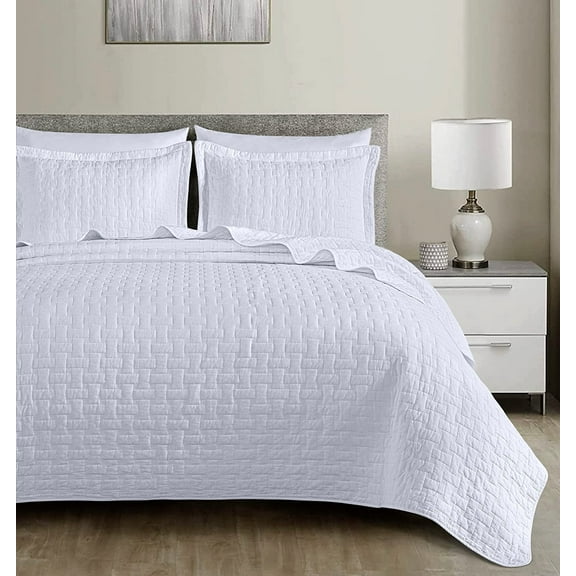Chezmoi Collection Vert 3-Piece 100% Cotton Quilt Set Twin Size, White, Modern Basketweave Stitched Quilt Lightweight Washed Cotton Bedspread for All Season