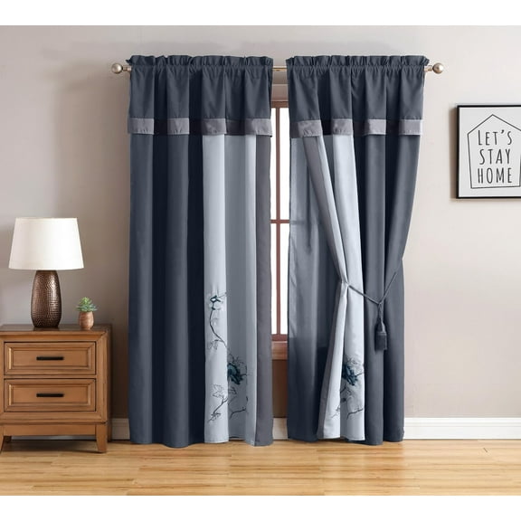 Chezmoi Collection Vienna 4-Piece Blue/Gray Floral Embroidered Window Curtain Set