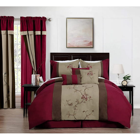 Chezmoi Collection Vienna 7-Piece Embroidered Floral Comforter Set (Queen, Burgundy Taupe Brown)