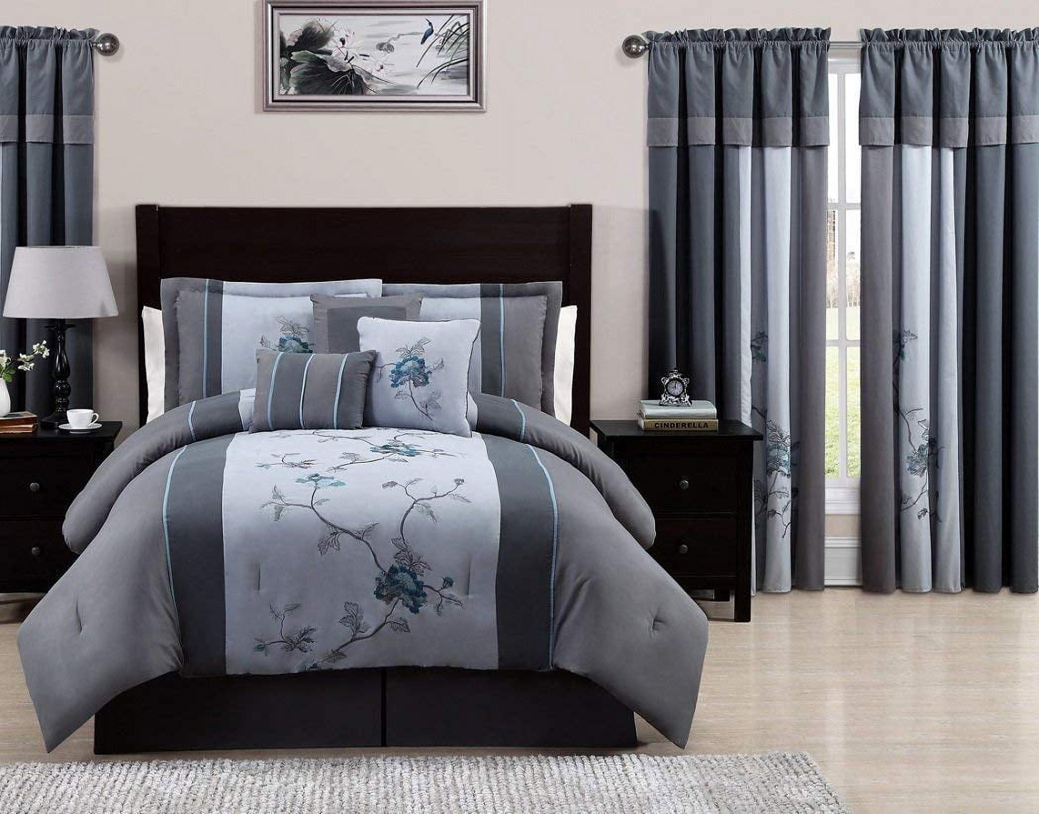 Queen Blue and Gray Microfiber Floral Bed in a Bag Set