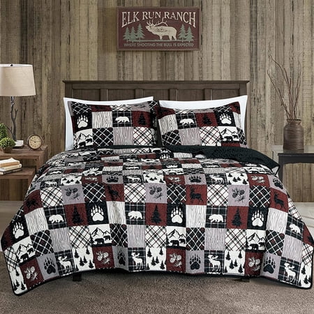Chezmoi Collection Vista 2-Piece Southwestern Cabin Lodge Quilt Set, Red White Black Gray Grizzly Bear Moose Printed Microfiber Bedspread, Twin