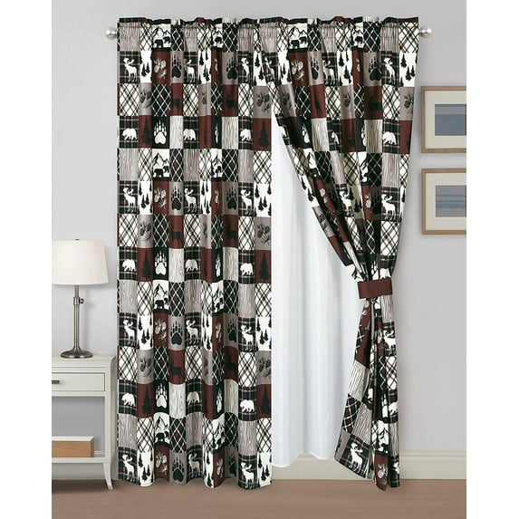 Chezmoi Collection Vista 4-Piece Southwestern Cabin Lodge Window Curtain Set with Sheer Backing, Red White Black Gray Grizzly Bear, 120 inch x 84 inch