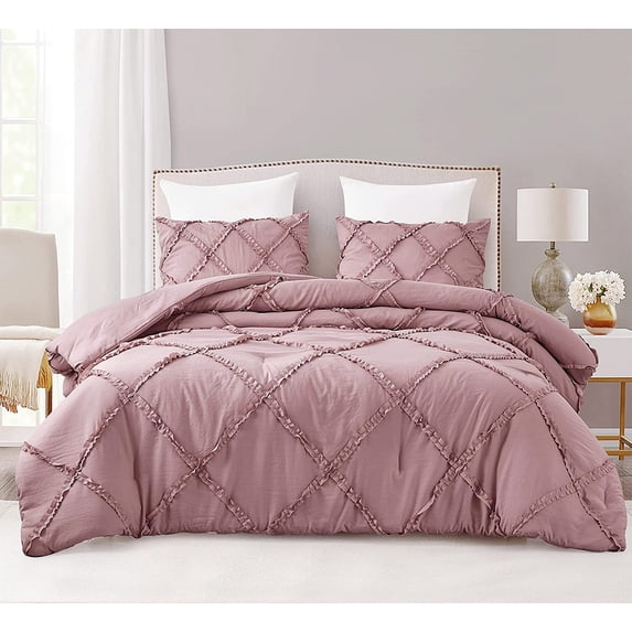 Chezmoi Collection Vivian 3-Piece Diamond Ruffle Trim Washed Microfiber Comforter Set, Woodrose