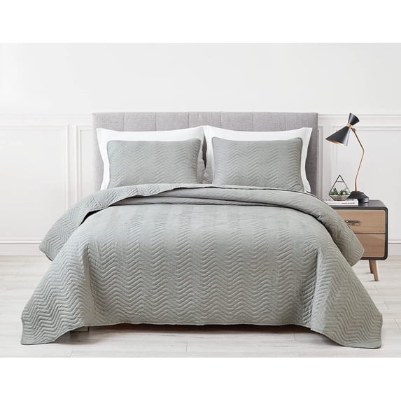 Chezmoi Collection Weaver Gray Bedspread Coverlet Set Crinkle Textured Zig Zag Bedding Cover Quilt Set 3-Piece King