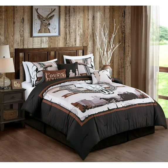 Chezmoi Collection Weston 7-Piece Southwestern Country Skull Comforter Set, Multicolor Brown Beige Tan White Printed Washed Microfiber Bedding, Queen