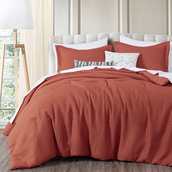 Chezmoi Collection Wilmer Waffle Weave Comforter Set, Soft and Cozy Lightweight Bedding Set, King, Terracotta, 3-Piece