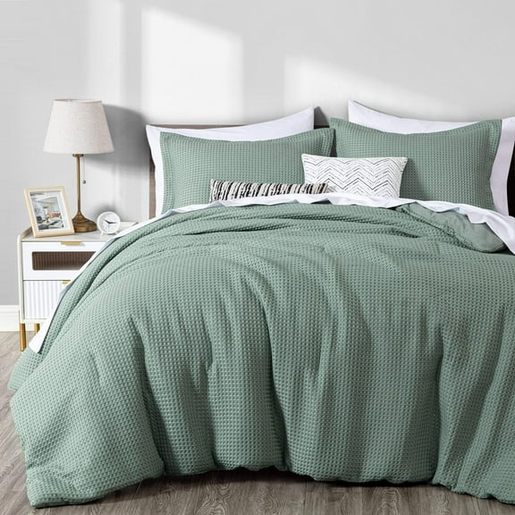Chezmoi Collection Wilmer Waffle Weave Comforter Set, Soft and Cozy Lightweight Bedding Set, Oversized King, Sage Green, 3-Piece