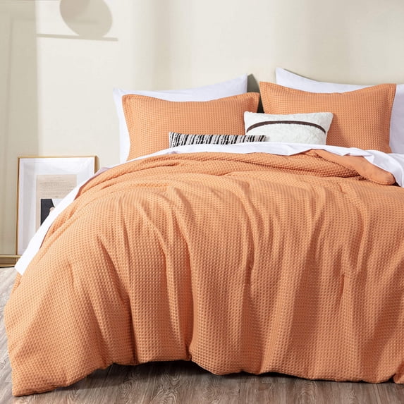 Chezmoi Collection Wilmer Waffle Weave Comforter Set, Soft and Cozy Lightweight Bedding Set, Oversized Queen, Toffee Brown, 3-Piece
