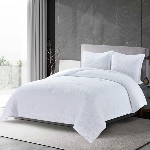 Chezmoi Collection Wilmer Waffle Weave Comforter Set, Soft and Cozy Lightweight Bedding Set, Oversized Queen, White, 3-Piece