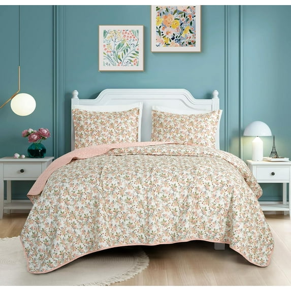 Chezmoi Collection Winika 3-Piece Floral Quilt Set King, Multicolor Pink Red Green Gray Floral Flowers Printed Microfiber Lightweight Bedspread Set for All season