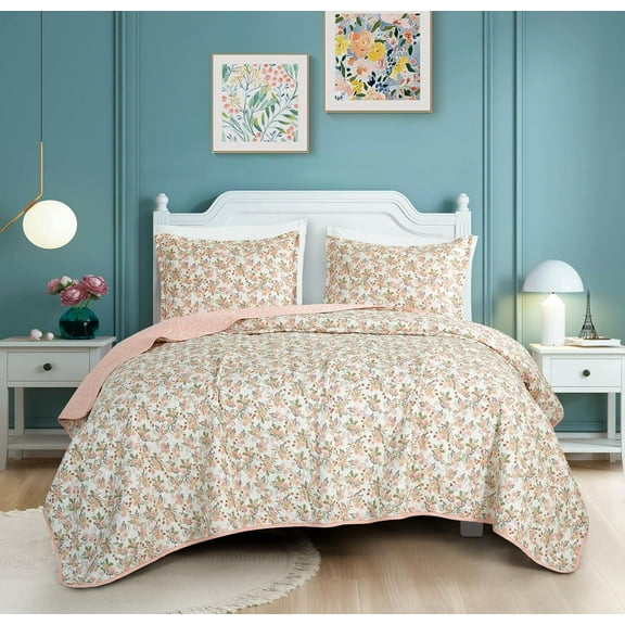 Chezmoi Collection Winika 3-Piece Floral Quilt Set Queen, Multicolor Pink Red Green Gray Floral Flowers Printed Microfiber Lightweight Bedspread Set for All season