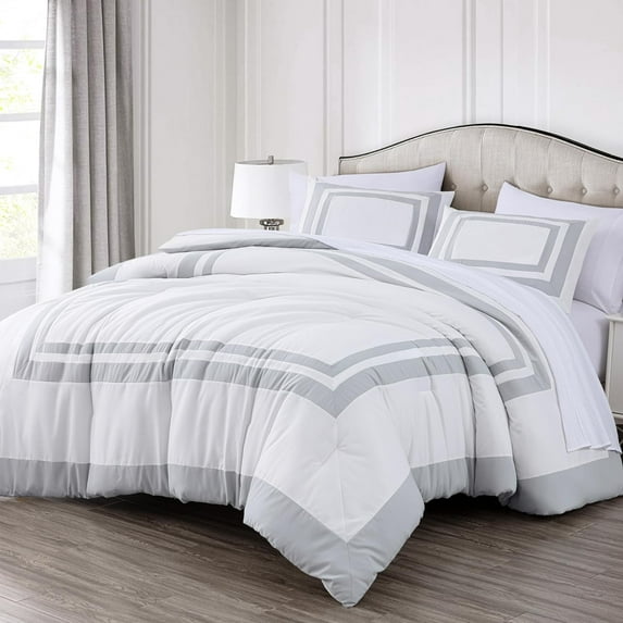Chezmoi Collection Wyatt 7-Piece King Bed in a Bag Comforter Set with Sheets Hotel Style White/Silver Square Pattern Bedding Set