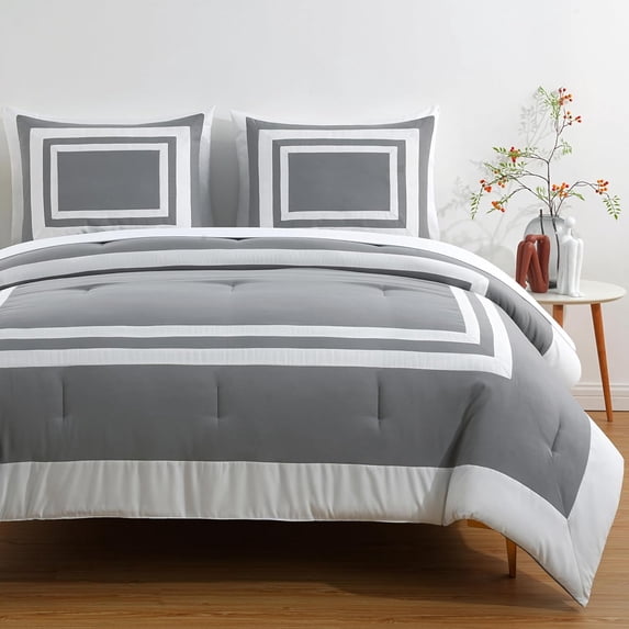 Chezmoi Collection Wyatt 7-Piece Queen Bed in a Bag Comforter Set with Sheets Hotel Style Gray/White Square Pattern Bedding Set