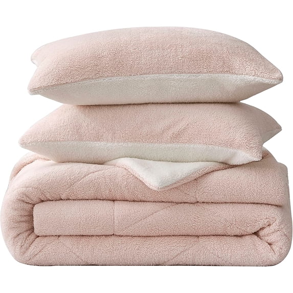 Chezmoi Collection Wynne 3-Piece Honeycomb Double Sided Sherpa Comforter Set Full, Reversible Blush White Sherpa Bedding Set Full Size