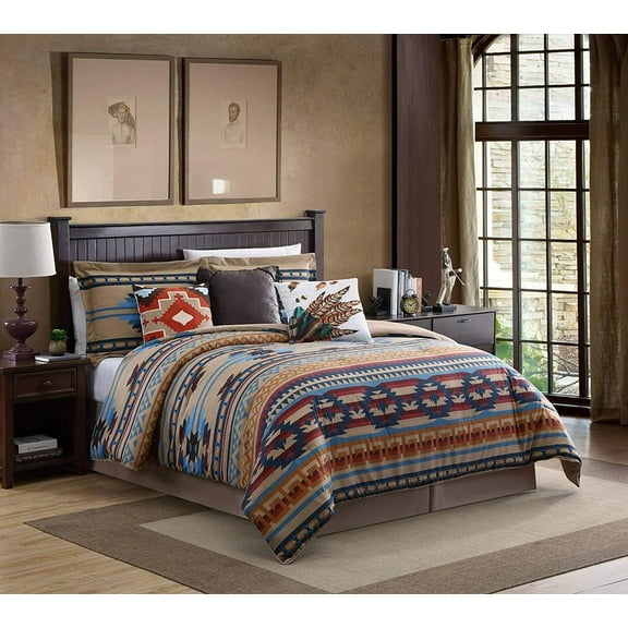 Chezmoi Collection Wyoming 7-Piece Southwestern Geometric Tribal Comforter Set - Printed Multicolor Beige Brown Blue Red Bedding Set, Queen