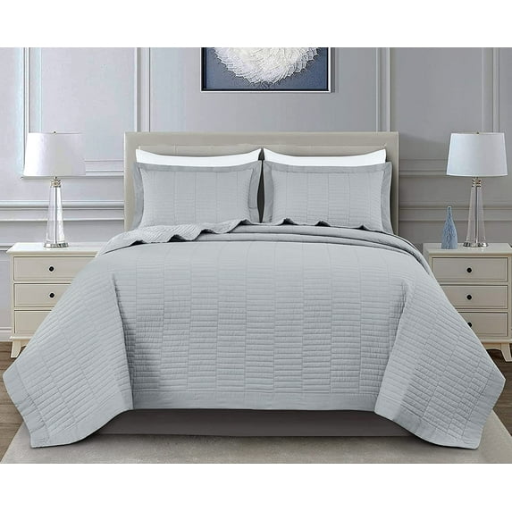 Chezmoi Collection Yuma 3-Piece 100% Cotton Quilt Set King Size, Light Gray, Modern Geometric Rectangle Stitched Quilt Washed Cotton Bedspread Set for All Season