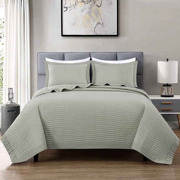 Chezmoi Collection Yuma 3-Piece 100% Cotton Quilt Set King Size, Natural, Modern Geometric Rectangle Stitched Quilt Washed Cotton Bedspread Set for All Season