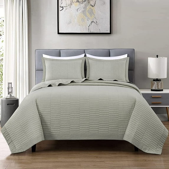 Chezmoi Collection Yuma 3-Piece 100% Cotton Quilt Set Queen Size, Natural, Modern Geometric Rectangle Stitched Quilt Washed Cotton Bedspread Set for All Season