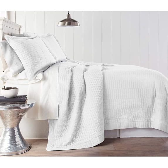 Chezmoi Collection Yuma 3-Piece 100% Cotton Quilt Set Queen Size, White, Modern Geometric Rectangle Stitched Quilt Washed Cotton Bedspread Set for All Season
