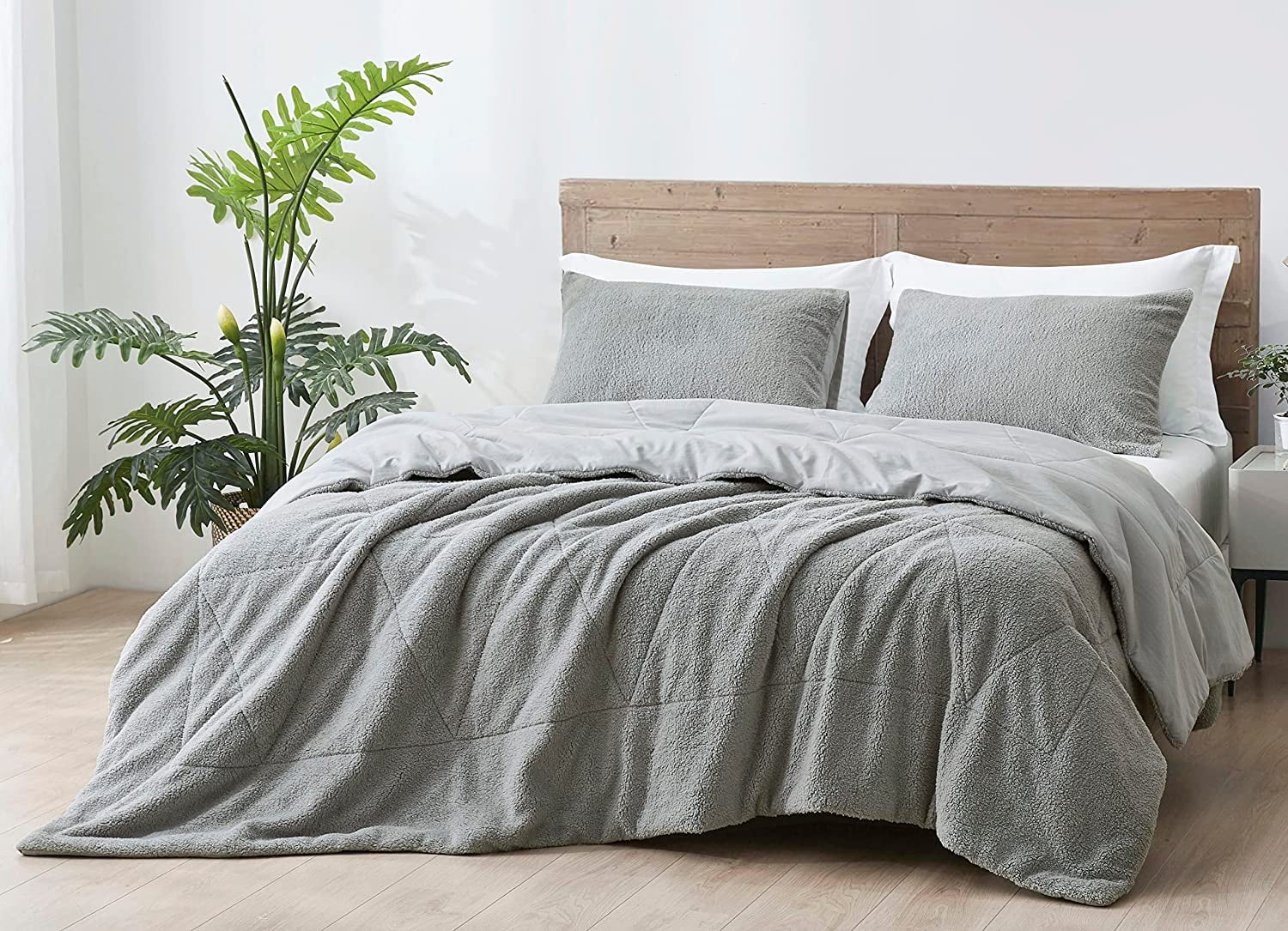 Gray Full Reversible Microfiber Sherpa Comforter Set