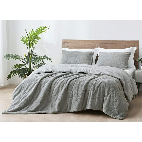 Chezmoi Collection Zane 3-Piece Sherpa Comforter Set, Triangle Quilting Reversible Washed Microfiber Bedding, Full, Gray