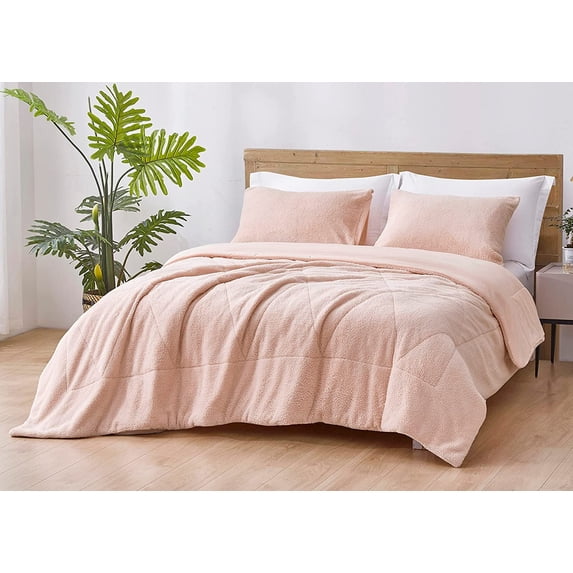 Chezmoi Collection Zane 3-Piece Sherpa Comforter Set, Triangle Quilting Reversible Washed Microfiber Bedding, Queen, Blush