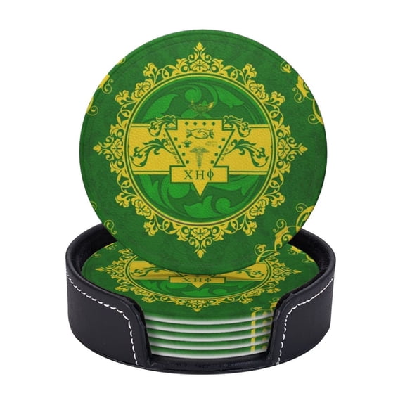 Chi Eta Phi Sorority Pattern Coasters With Leather Holder Set Of 6 Round Coasters for Home and Kitchen Decor