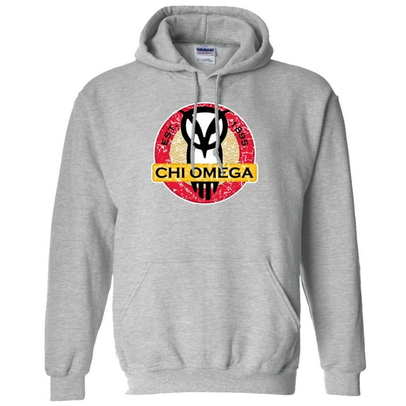 Chi Omega Hooded Sweatshirt Distressed Chevron Strip Circle Design White & Sport Grey