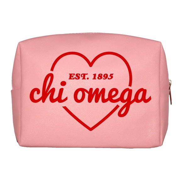 Chi Omega Makeup Bag Pink With Red Heart PU Leather
