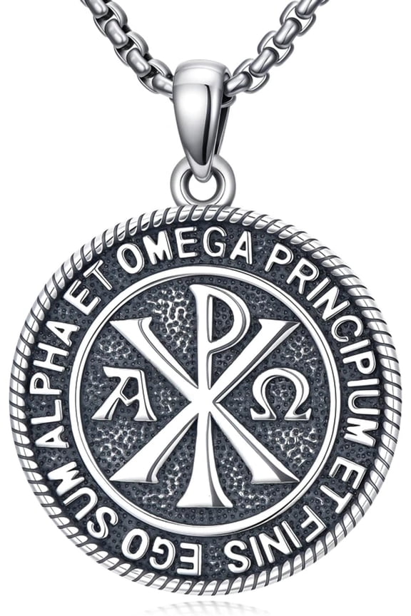 Chi Rho Necklace 925 Sterling Silver Chi Rho Christogram Symbol Necklace Alpha Omega Pendant Religious Lord Jesus Christian Constantine Jewelry for Men