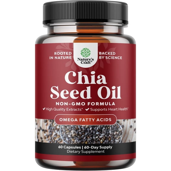 Natures Craft Chia Seed Oil Supplement with Omega 3 6 9 for Heart & Digestive Health Support, 60 Ct