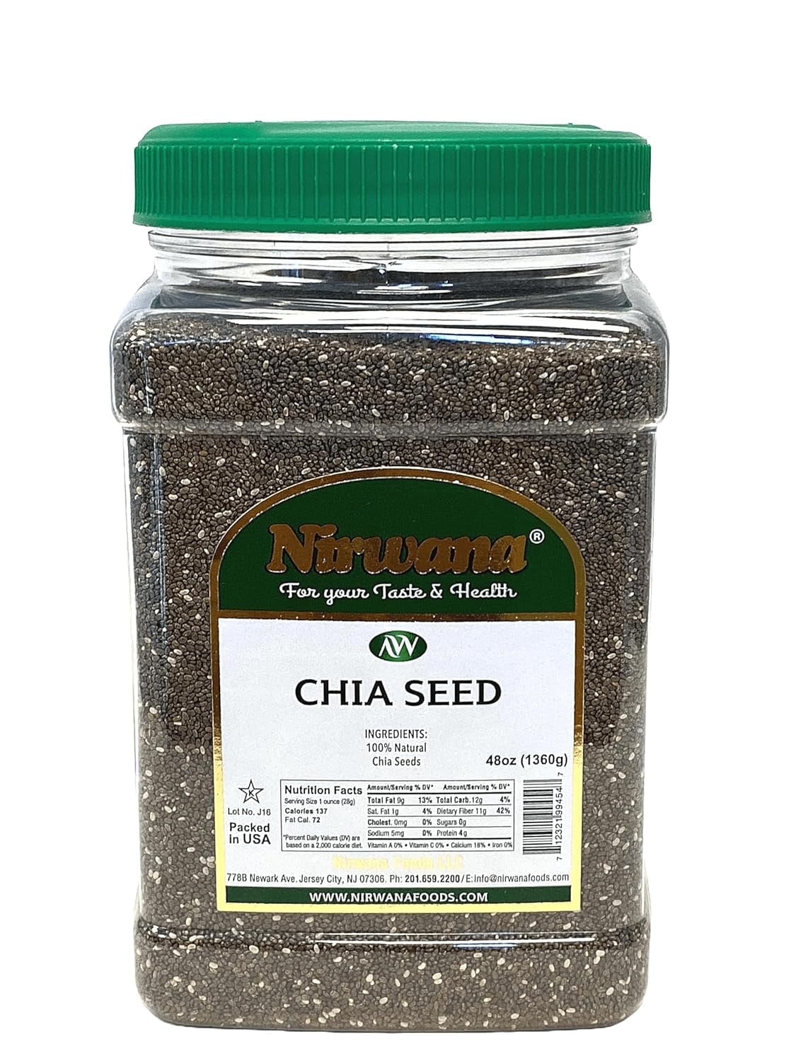 Chia Seeds – Fiber & Protein – Perfect for Smoothies, Oatmeal, Pudding, and Baking – 48 oz Jar