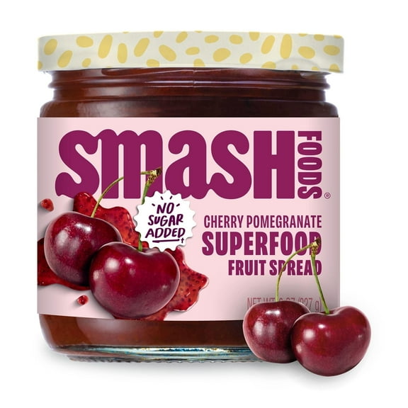 Smash Foods Cherry Pomegranate Jam, No Sugar Added, Low-Calorie, Vegan (1 Jar) 8oz