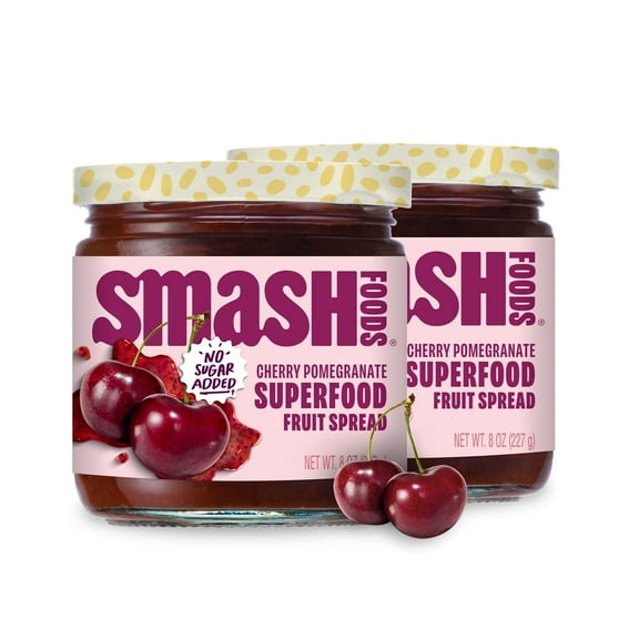 Smash Foods Cherry Pomegranate Jam, No Sugar Added, Low-Calorie, Vegan (2 Jars)