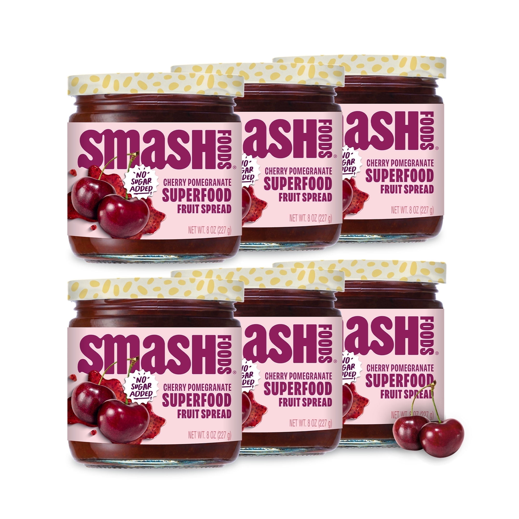 Smash Foods Cherry Pomegranate Jam, No Sugar Added, Low-Calorie, Vegan (6 Jars)