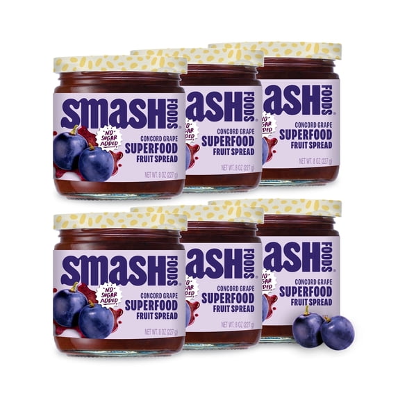 Smash Foods Concord Grape Jam, No Sugar Added, Low-Calorie, Vegan (6 Jars)