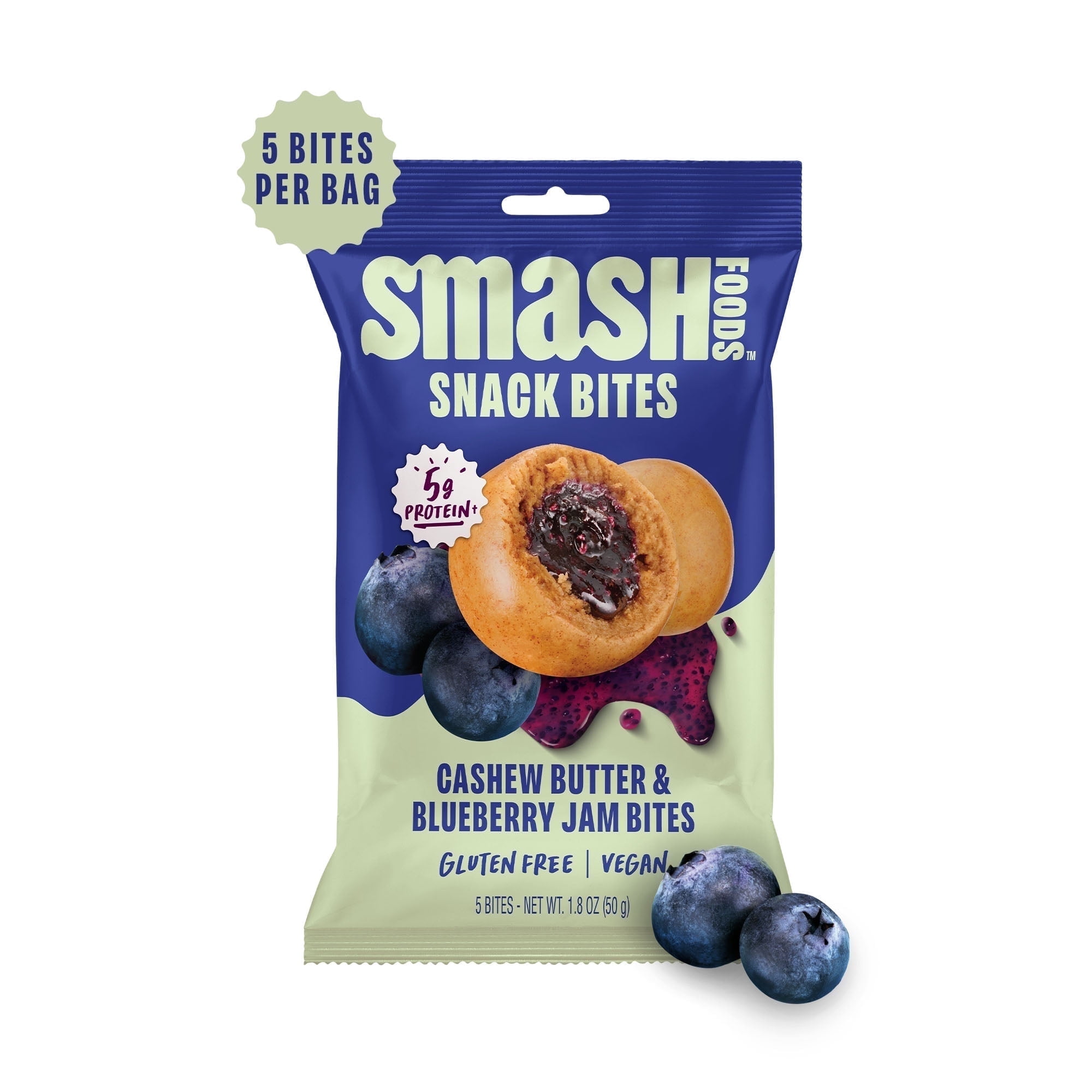 Smash Foods Gluten-Free Vegan Snack Bites (Blueberry), Protein & Energy, 8-Pack