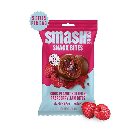 Smash Foods Gluten-Free Vegan Snack Bites (Raspberry), Protein & Energy, 8-Pack