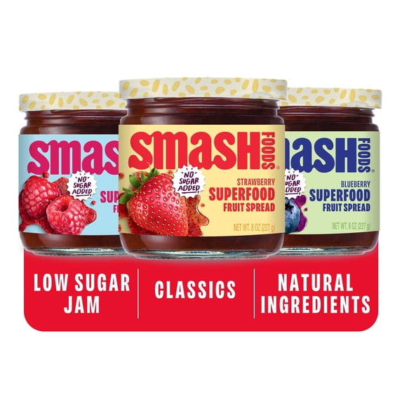 Smash Foods Jam Variety 3-Pack Classics | No Sugar Added, Naturally Sweet Jelly | Keto Friendly, Low Calorie, Low Carb | Non GMO, Upcycled, Vegan, Plant Based, Paleo | Strawberry, Raspberry, Blueberr