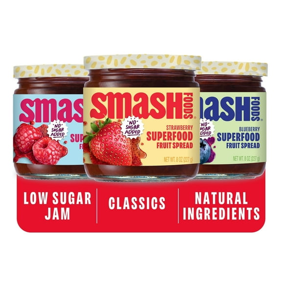 Smash Foods Jam Variety 3-Pack Classics | H2FSDNo Sugar Sweet Jelly | Keto Friendly, Low Calorie, Low Carb | Non GMO, Upcycled, Vegan, Plant Based, Paleo | Strawberry, Raspberry, Blueberry