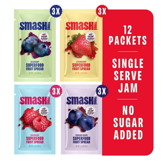 Smash Foods Single Serve Jam Packets, No Sugar Added, Variety 12 Count