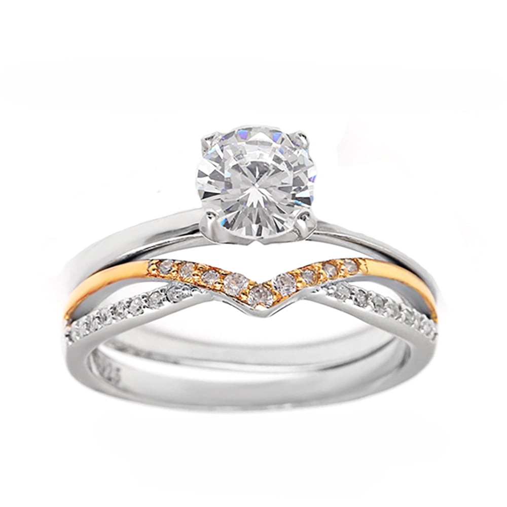 Chiara Wedding Ring Set Sterling Silver V Shape CZ Engagement Ring and ...