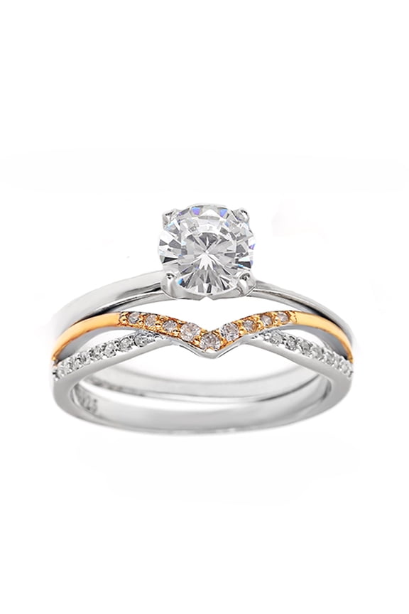 Chiara Wedding Ring Set Sterling Silver V Shape CZ Engagement Ring and Band Ginger Lyne