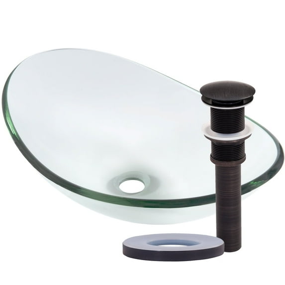 Novatto CHIARO TIS-324CORB Clear Oval Slipper Glass Vessel Sink with Oil Rubbed Bronze Pop-Up Drain, Mounting Ring