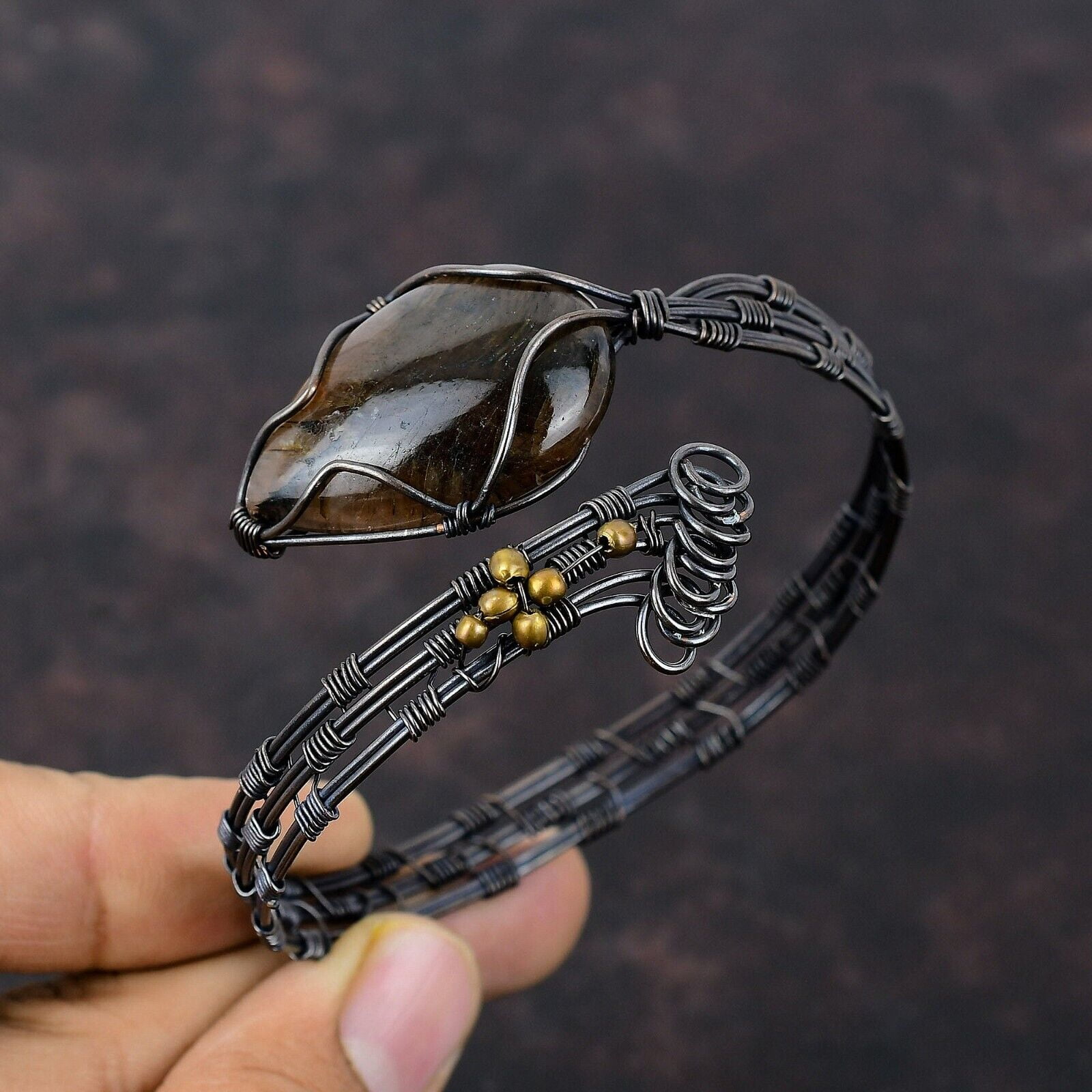 KALKA JEWELS Chiastolite Wire Wrapped Adjustable Cuff Handcrafted Copper Valentine Gift